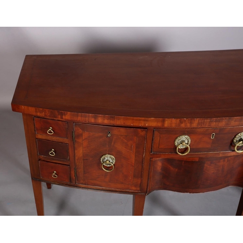 381 - A GEORGE III STYLE MAHOGANY AND CROSSBANDED BOW FRONTED SIDEBOARD, having a drawer and serpentine dr... 