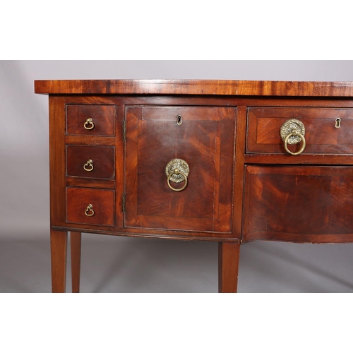 381 - A GEORGE III STYLE MAHOGANY AND CROSSBANDED BOW FRONTED SIDEBOARD, having a drawer and serpentine dr... 