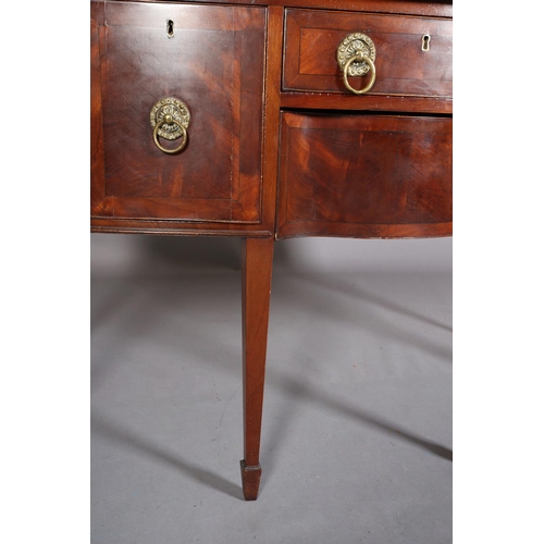 381 - A GEORGE III STYLE MAHOGANY AND CROSSBANDED BOW FRONTED SIDEBOARD, having a drawer and serpentine dr... 