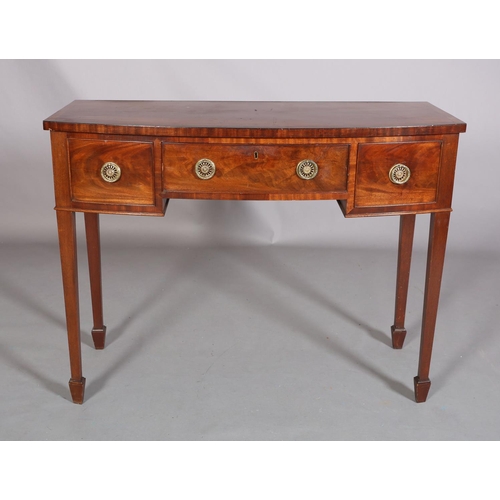 382 - A GEORGE III STYLE MAHOGANY AND CROSSBANDED SIDEBOARD, having a drawer to the centre flanked by a de... 