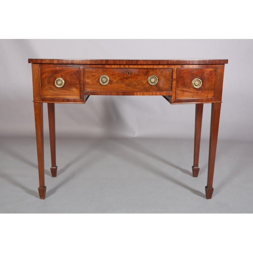 382 - A GEORGE III STYLE MAHOGANY AND CROSSBANDED SIDEBOARD, having a drawer to the centre flanked by a de... 