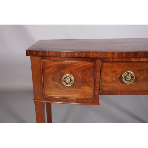 382 - A GEORGE III STYLE MAHOGANY AND CROSSBANDED SIDEBOARD, having a drawer to the centre flanked by a de... 