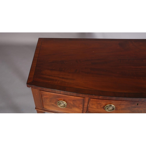 382 - A GEORGE III STYLE MAHOGANY AND CROSSBANDED SIDEBOARD, having a drawer to the centre flanked by a de... 