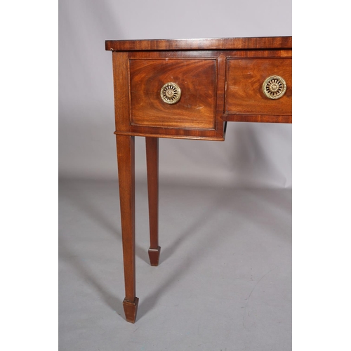 382 - A GEORGE III STYLE MAHOGANY AND CROSSBANDED SIDEBOARD, having a drawer to the centre flanked by a de... 