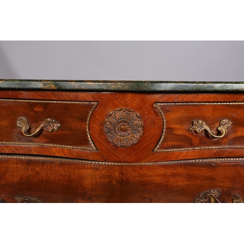 419 - A FRENCH WALNUT AND GREEN MARBLE CHEST of bombe outline with gilt metal mounts, having two small dra... 