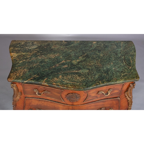 419 - A FRENCH WALNUT AND GREEN MARBLE CHEST of bombe outline with gilt metal mounts, having two small dra... 