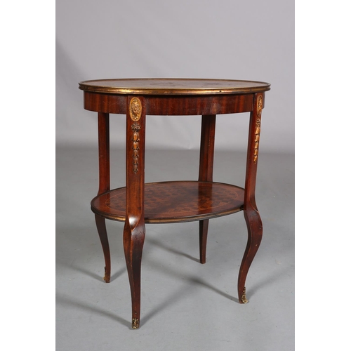 420 - A FRENCH MAHOGANY CROSSBANDED AND PARQUETRY TWO TIER TABLE WITH GILT METAL MOUNTS, of oval outline, ... 