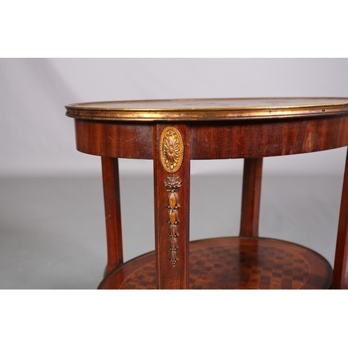 420 - A FRENCH MAHOGANY CROSSBANDED AND PARQUETRY TWO TIER TABLE WITH GILT METAL MOUNTS, of oval outline, ... 