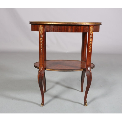 420 - A FRENCH MAHOGANY CROSSBANDED AND PARQUETRY TWO TIER TABLE WITH GILT METAL MOUNTS, of oval outline, ... 