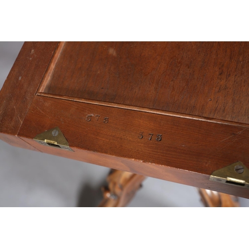 414 - A VICTORIAN FIGURED WALNUT LOOE TABLE, oval, having a quarter veneer tilt top, on a turned and beade... 