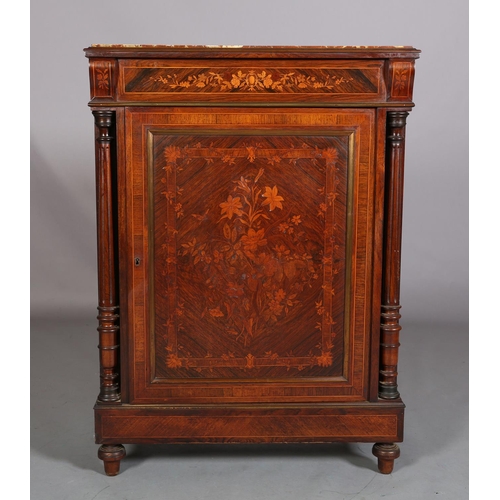 415 - A 19TH CENTURY FRENCH WALNUT AND ROSEWOOD CROSSBANDED AND INLAID SIDE CABINET having a recessed marb... 