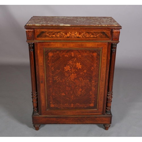 415 - A 19TH CENTURY FRENCH WALNUT AND ROSEWOOD CROSSBANDED AND INLAID SIDE CABINET having a recessed marb... 