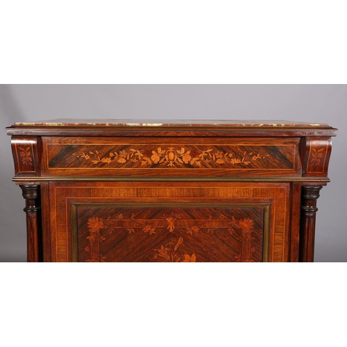 415 - A 19TH CENTURY FRENCH WALNUT AND ROSEWOOD CROSSBANDED AND INLAID SIDE CABINET having a recessed marb... 