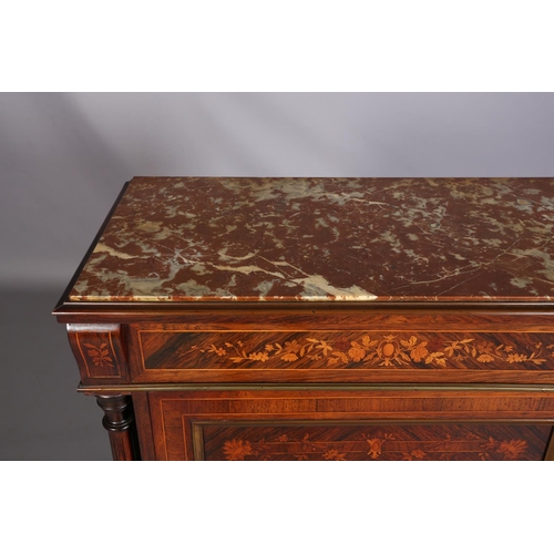 415 - A 19TH CENTURY FRENCH WALNUT AND ROSEWOOD CROSSBANDED AND INLAID SIDE CABINET having a recessed marb... 