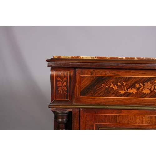 415 - A 19TH CENTURY FRENCH WALNUT AND ROSEWOOD CROSSBANDED AND INLAID SIDE CABINET having a recessed marb... 