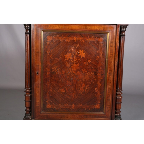 415 - A 19TH CENTURY FRENCH WALNUT AND ROSEWOOD CROSSBANDED AND INLAID SIDE CABINET having a recessed marb... 