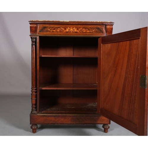 415 - A 19TH CENTURY FRENCH WALNUT AND ROSEWOOD CROSSBANDED AND INLAID SIDE CABINET having a recessed marb... 