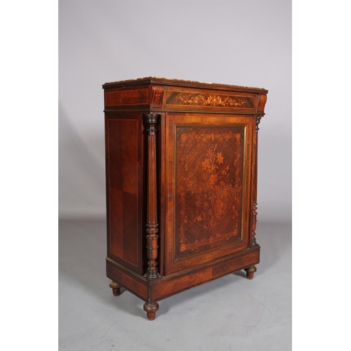 415 - A 19TH CENTURY FRENCH WALNUT AND ROSEWOOD CROSSBANDED AND INLAID SIDE CABINET having a recessed marb... 