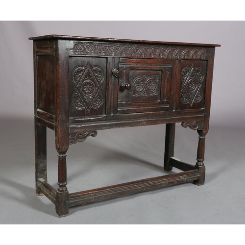 359 - AN OAK CUPBOARD OF 17TH CENTURY STYLE, of narrow proportions, gouge cut ends to the top, above a dem... 