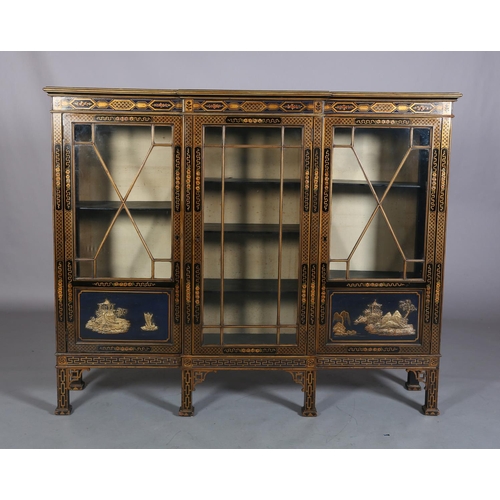 388 - AN EBONISED AND GILT CHINOISERIE BREAKFRONT BOOKCASE CABINET, the top gilded with island vignette ab... 