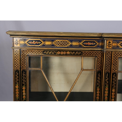 388 - AN EBONISED AND GILT CHINOISERIE BREAKFRONT BOOKCASE CABINET, the top gilded with island vignette ab... 