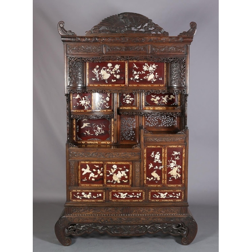 129 - A LATE 19TH CENTURY JAPANESE HARDWOOD SHODANA CABINET, MEIJI PERIOD, with carved and pierced galleri... 