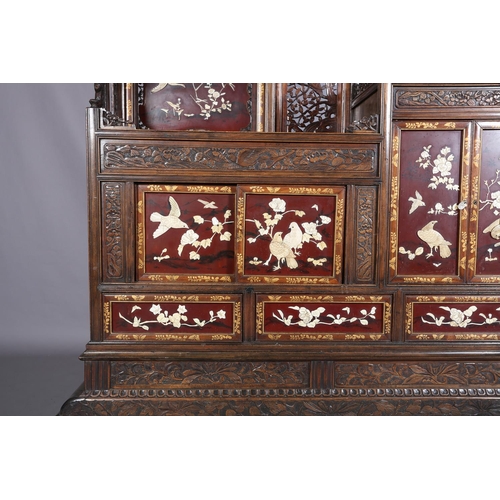 129 - A LATE 19TH CENTURY JAPANESE HARDWOOD SHODANA CABINET, MEIJI PERIOD, with carved and pierced galleri... 