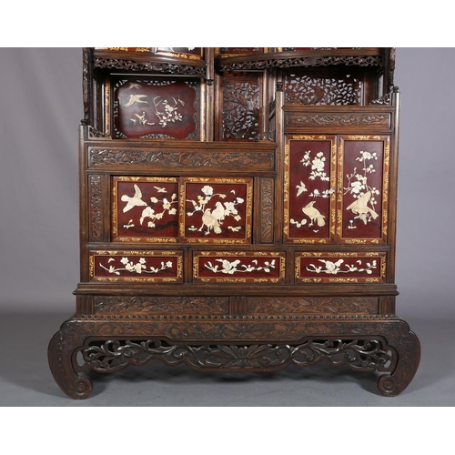 129 - A LATE 19TH CENTURY JAPANESE HARDWOOD SHODANA CABINET, MEIJI PERIOD, with carved and pierced galleri... 