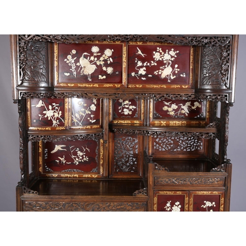 129 - A LATE 19TH CENTURY JAPANESE HARDWOOD SHODANA CABINET, MEIJI PERIOD, with carved and pierced galleri... 