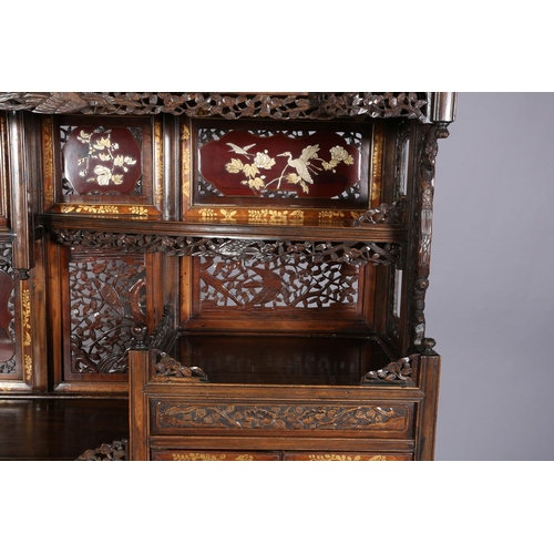 129 - A LATE 19TH CENTURY JAPANESE HARDWOOD SHODANA CABINET, MEIJI PERIOD, with carved and pierced galleri... 