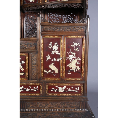 129 - A LATE 19TH CENTURY JAPANESE HARDWOOD SHODANA CABINET, MEIJI PERIOD, with carved and pierced galleri... 