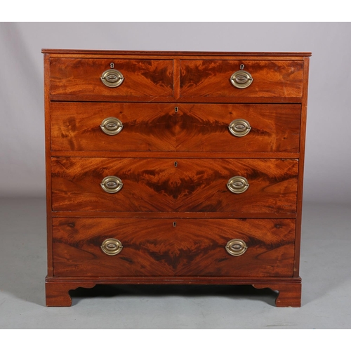 399 - A GEORGE III-STYLE FIGURED MAHOGANY CHEST of two short and three long graduated drawers, later brass... 