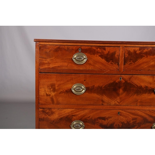 399 - A GEORGE III-STYLE FIGURED MAHOGANY CHEST of two short and three long graduated drawers, later brass... 