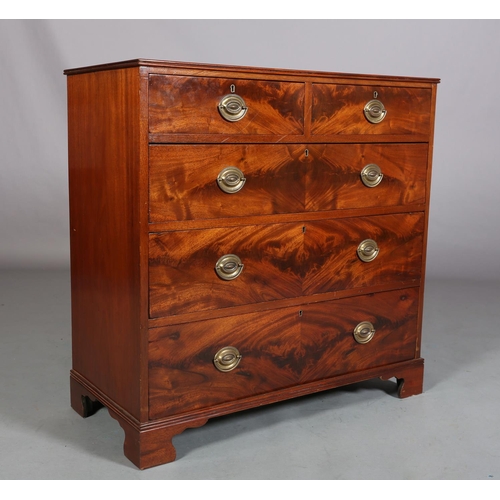 399 - A GEORGE III-STYLE FIGURED MAHOGANY CHEST of two short and three long graduated drawers, later brass... 