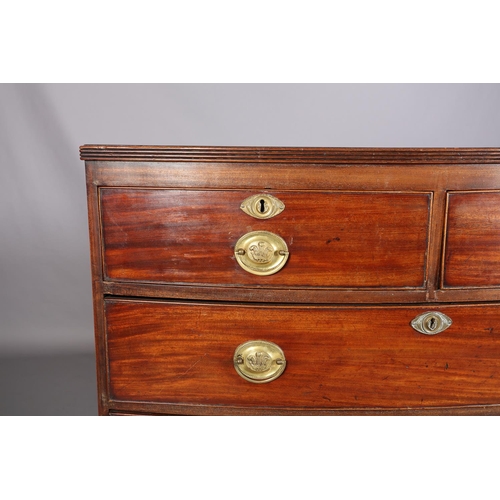 380 - A LATE GEORGE III MAHOGANY BOW FRONTED CHEST of two short and three long graduated cockbeaded drawer... 