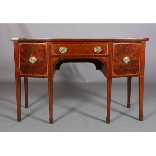 379 - A LATE GEORGE III MAHOGANY AND SATINWOOD BANDED SIDEBOARD of bowed outline, having a drawer to the c... 