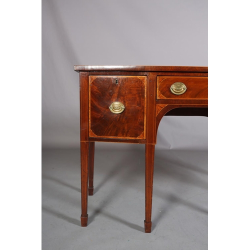 379 - A LATE GEORGE III MAHOGANY AND SATINWOOD BANDED SIDEBOARD of bowed outline, having a drawer to the c... 