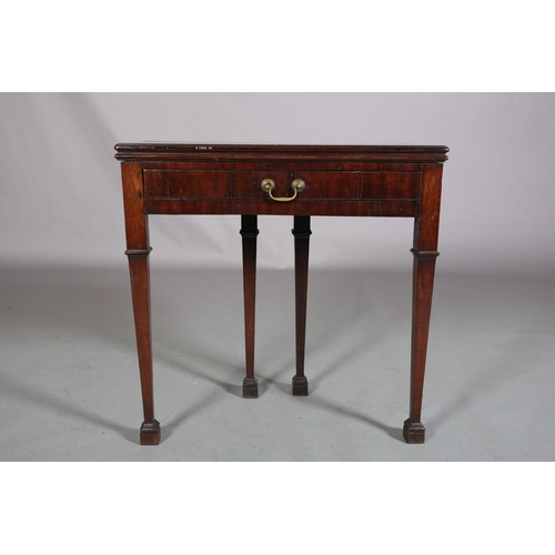 410 - AN 18TH CENTURY MAHOGANY CARD TABLE, possibly Irish, having a rectangular fold over top, the interio... 