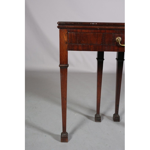 410 - AN 18TH CENTURY MAHOGANY CARD TABLE, possibly Irish, having a rectangular fold over top, the interio... 