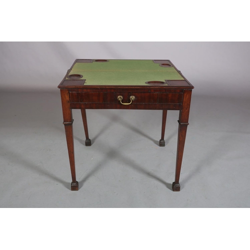 410 - AN 18TH CENTURY MAHOGANY CARD TABLE, possibly Irish, having a rectangular fold over top, the interio... 