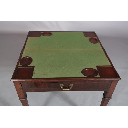 410 - AN 18TH CENTURY MAHOGANY CARD TABLE, possibly Irish, having a rectangular fold over top, the interio... 