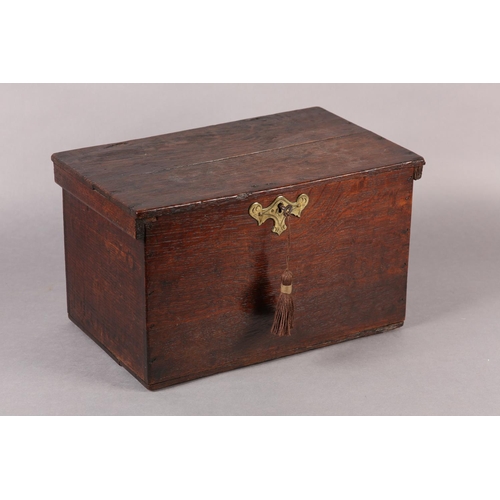 33 - A 19TH CENTURY OAK BOX, having period strap hinges with engraved brass escutcheon and key, 38cm wide... 