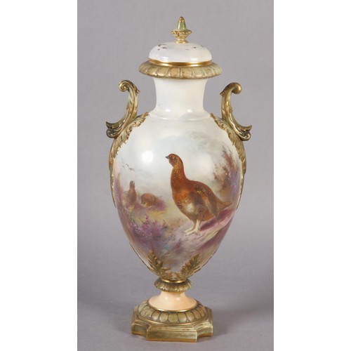 89 - A ROYAL WORCESTER CHINA WORKS TWO HANDLED PEDESTAL VASE, the ovoid body painted with Red Grouse in m... 