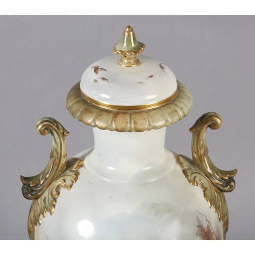 89 - A ROYAL WORCESTER CHINA WORKS TWO HANDLED PEDESTAL VASE, the ovoid body painted with Red Grouse in m... 