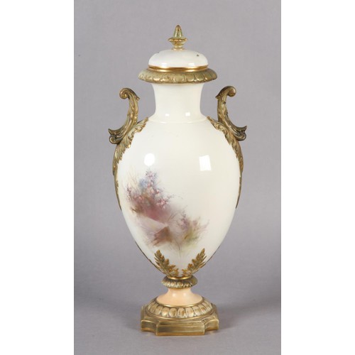 89 - A ROYAL WORCESTER CHINA WORKS TWO HANDLED PEDESTAL VASE, the ovoid body painted with Red Grouse in m... 