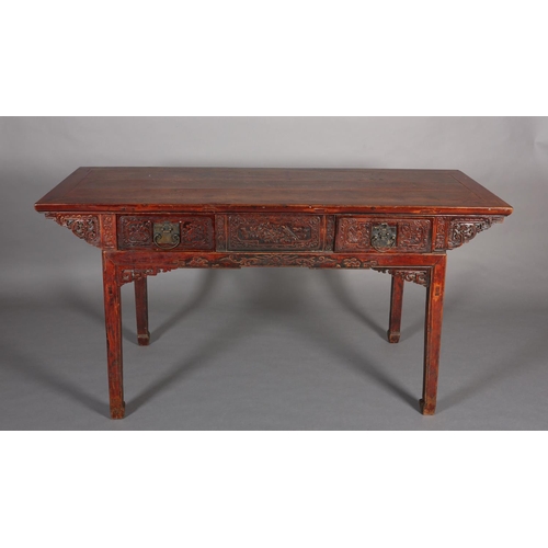 110 - A CHINESE ELM AND LACQUERED ALTAR TABLE, Qing, having a planked surface above a deep frieze carved i... 