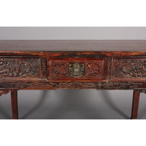 110 - A CHINESE ELM AND LACQUERED ALTAR TABLE, Qing, having a planked surface above a deep frieze carved i... 