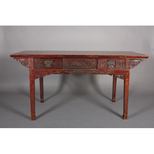 110 - A CHINESE ELM AND LACQUERED ALTAR TABLE, Qing, having a planked surface above a deep frieze carved i... 