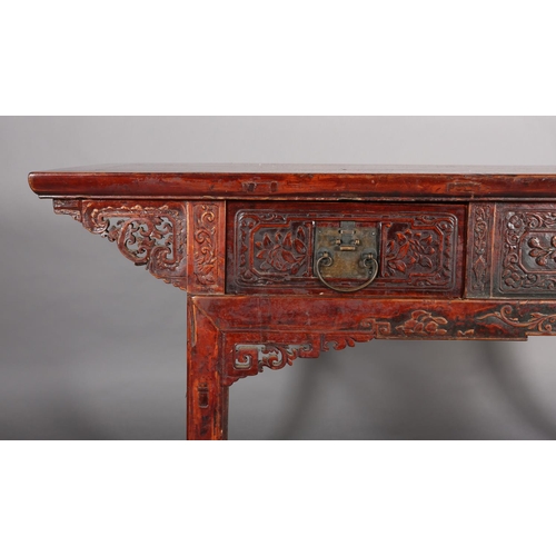 110 - A CHINESE ELM AND LACQUERED ALTAR TABLE, Qing, having a planked surface above a deep frieze carved i... 