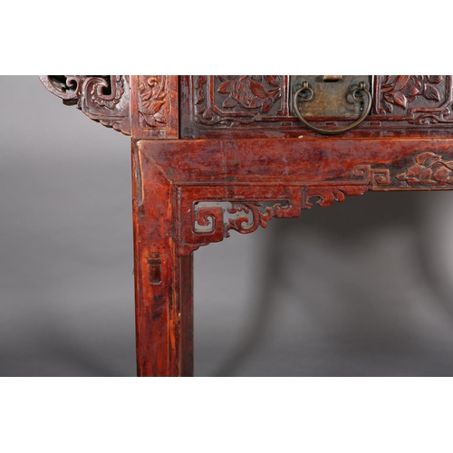 110 - A CHINESE ELM AND LACQUERED ALTAR TABLE, Qing, having a planked surface above a deep frieze carved i... 